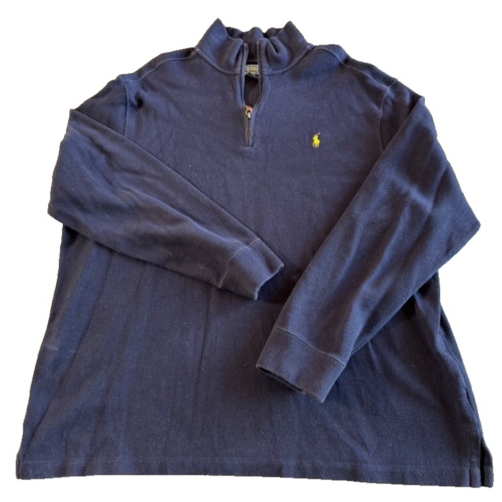 Ralph Lauren 1/4 Zip Pullover Sweater XXL Blue Long Sleeve Yellow Pony Preppy